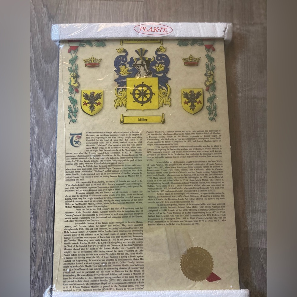 Vintage Miller Family Crest & History Wall Art - Mounted Plak It